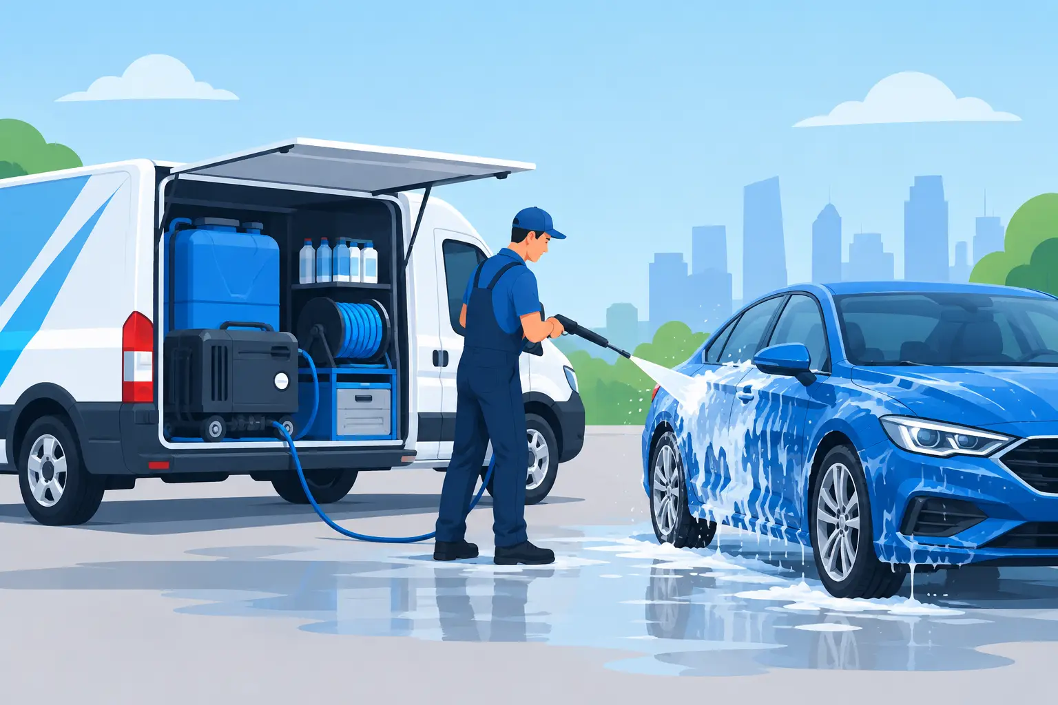 Sistema listo para operar de auto lavado móvil
